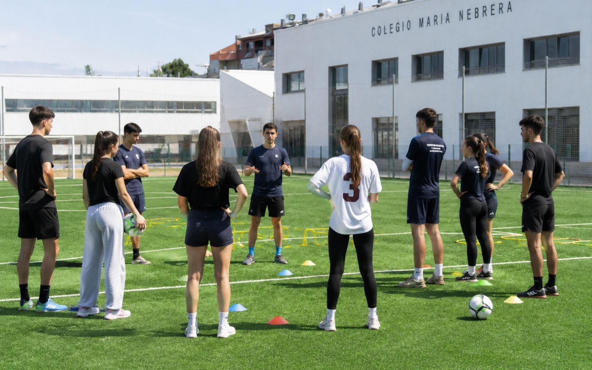 profesor en la pista de césped enseñando a alumnos en el grado superior de animacion sociodeportiva en granada